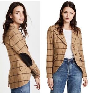 Smythe Equestrian Windowpane Plaid Blazer Camel‎ Tan Leather Elbow Patch Size 4